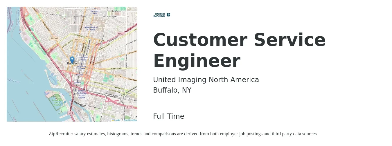 United Imaging North America job posting for a Customer Service Engineer in Buffalo, NY with a salary of $67,800 to $87,200 Yearly with a map of Buffalo location.