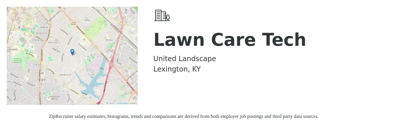 United Landscape job posting for a Lawn Care Tech in Lexington, KY with a salary of $18 to $26 Hourly with a map of Lexington location.