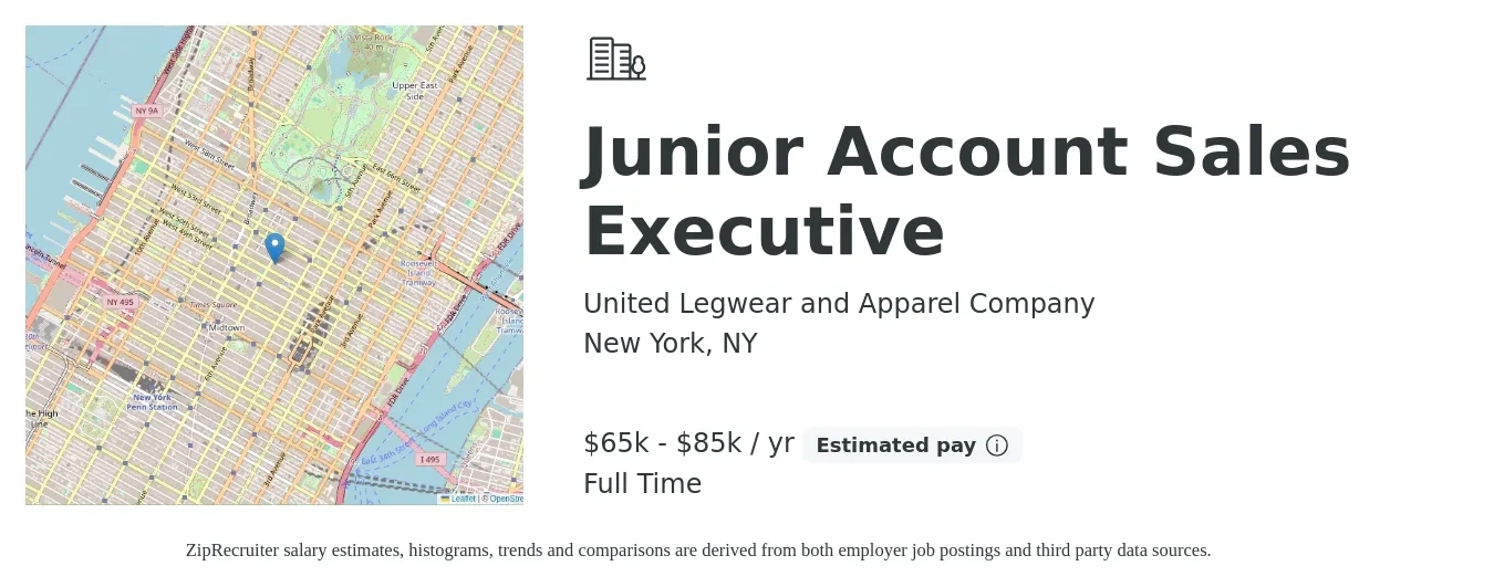 United Legwear and Apparel Company job posting for a Junior Account Sales Executive in New York, NY with a salary of $44,300 to $70,000 Yearly with a map of New York location.