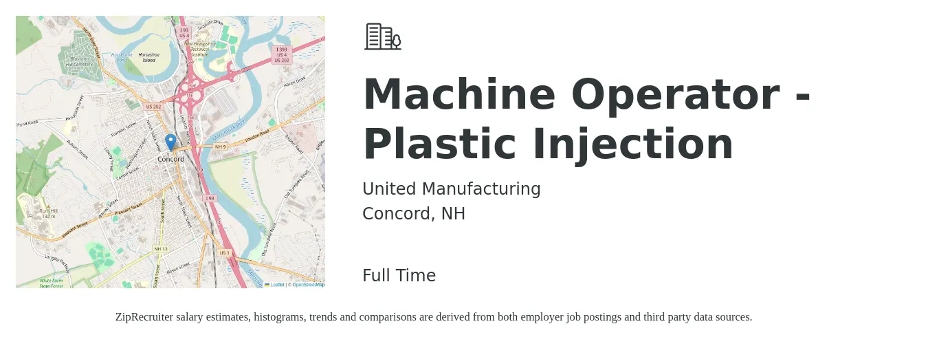 United Manufacturing job posting for a Machine Operator - Plastic Injection in Concord, NH with a salary of $17 to $20 Hourly with a map of Concord location.