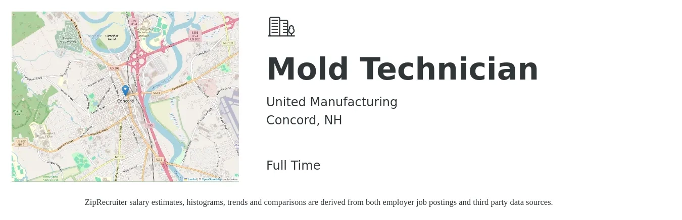United Manufacturing job posting for a Mold Technician in Concord, NH with a salary of $20 to $26 Hourly with a map of Concord location.