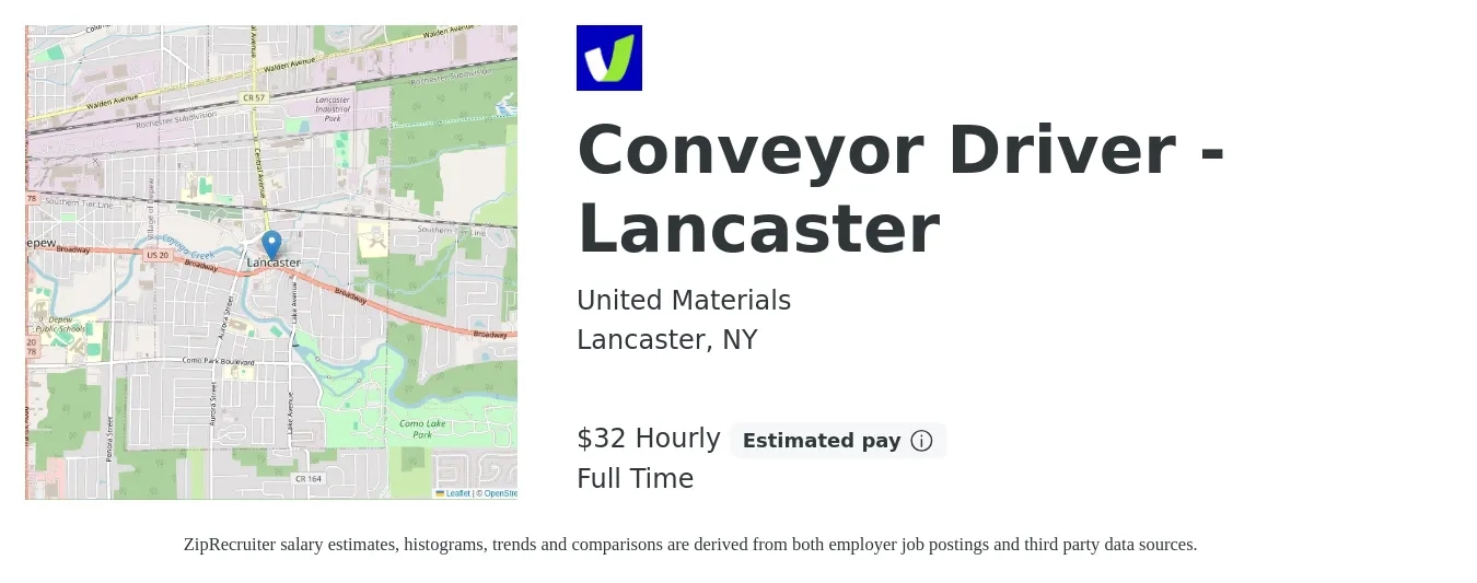 United Materials job posting for a Conveyor Driver - Lancaster in Lancaster, NY with a salary of $30 to $33 Hourly with a map of Lancaster location.