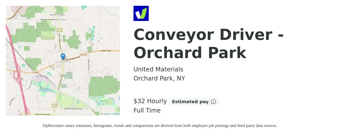 United Materials job posting for a Conveyor Driver - Orchard Park in Orchard Park, NY with a salary of $30 to $33 Hourly with a map of Orchard Park location.
