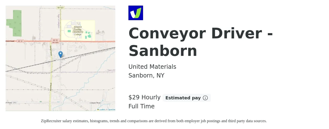 United Materials job posting for a Conveyor Driver - Sanborn in Sanborn, NY with a salary of $27 to $29 Hourly with a map of Sanborn location.
