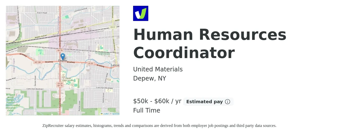 United Materials job posting for a Human Resources Coordinator in Depew, NY with a salary of $50,000 to $60,000 Yearly with a map of Depew location.
