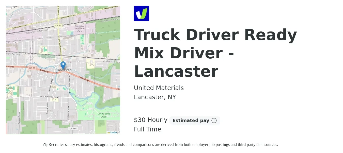United Materials job posting for a Truck Driver Ready Mix Driver - Lancaster in Lancaster, NY with a salary of $28 to $31 Hourly with a map of Lancaster location.