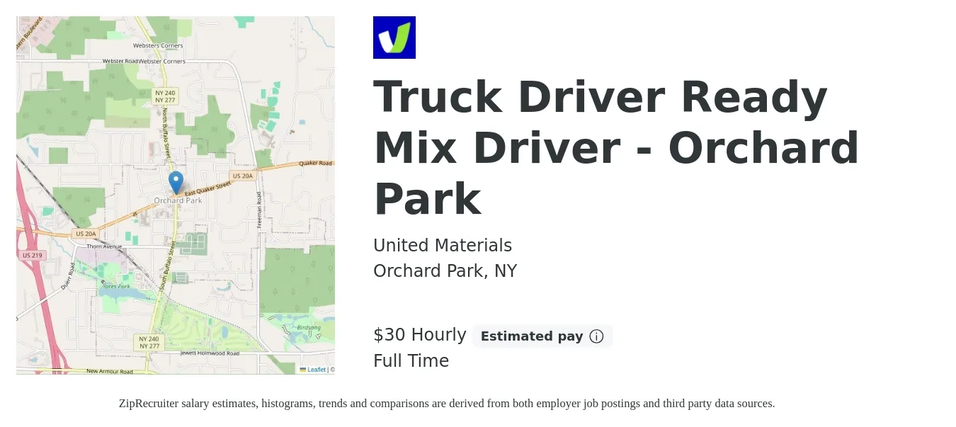 United Materials job posting for a Truck Driver Ready Mix Driver - Orchard Park in Orchard Park, NY with a salary of $28 to $31 Hourly with a map of Orchard Park location.
