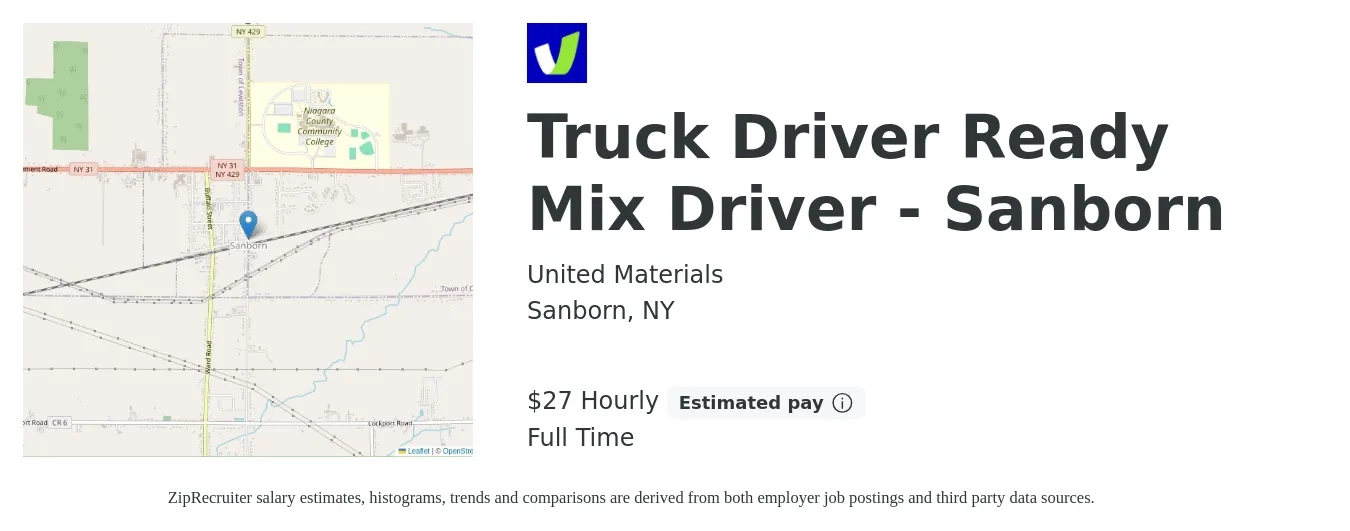 United Materials job posting for a Truck Driver Ready Mix Driver - Sanborn in Sanborn, NY with a salary of $29 Hourly with a map of Sanborn location.