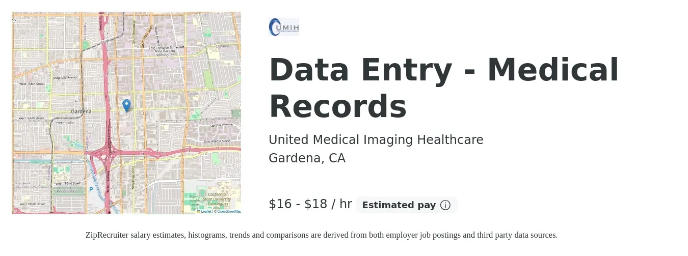 United Medical Imaging Healthcare job posting for a Data Entry - Medical Records in Gardena, CA with a salary of $17 to $19 Hourly with a map of Gardena location.