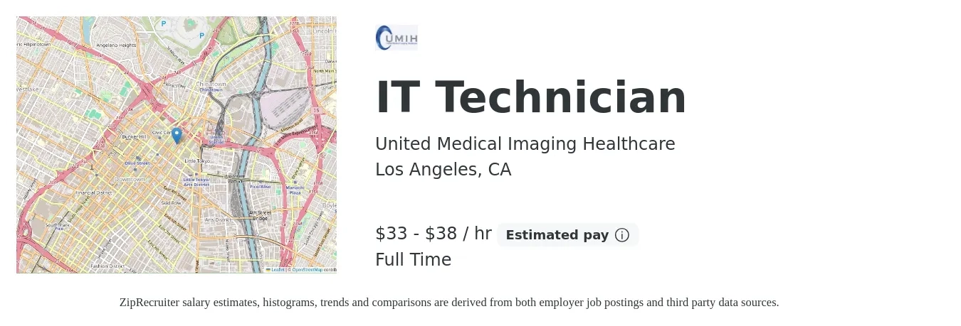 United Medical Imaging Healthcare job posting for a IT Technician in Los Angeles, CA with a salary of $35 to $40 Hourly with a map of Los Angeles location.