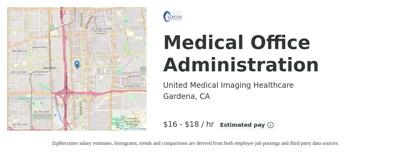 United Medical Imaging Healthcare job posting for a Medical Office Administration in Gardena, CA with a salary of $18 to $19 Hourly with a map of Gardena location.