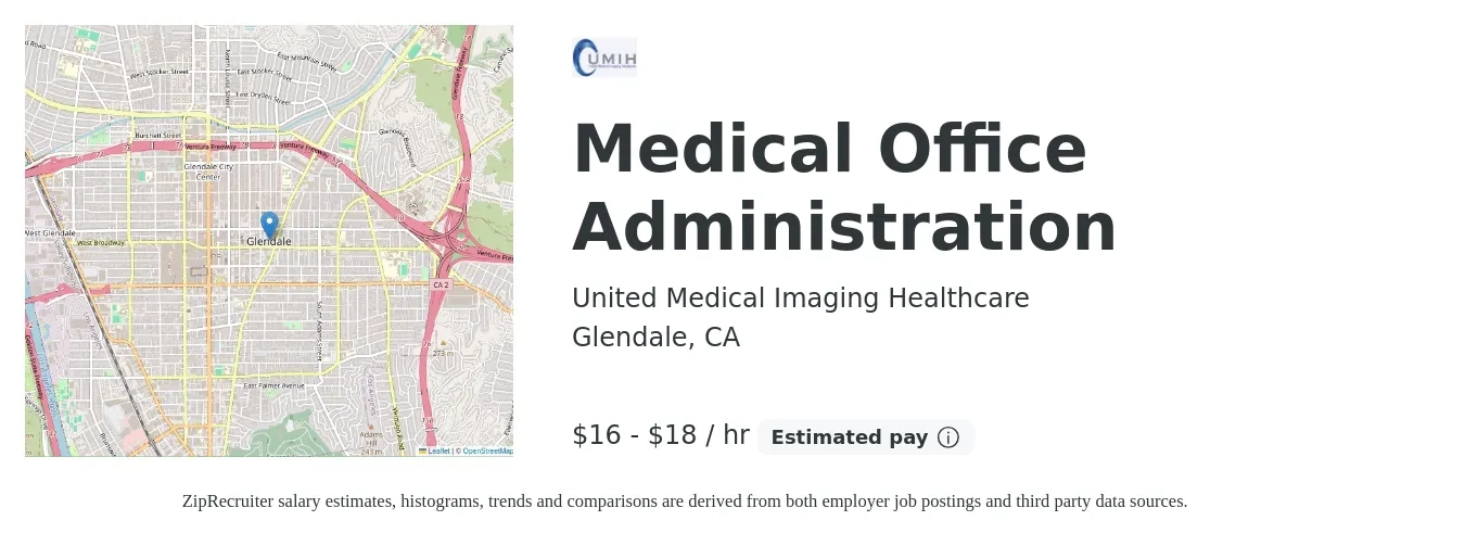 United Medical Imaging Healthcare job posting for a Medical Office Administration in Glendale, CA with a salary of $18 to $19 Hourly with a map of Glendale location.