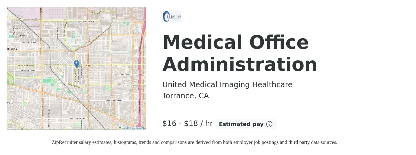 United Medical Imaging Healthcare job posting for a Medical Office Administration in Torrance, CA with a salary of $18 to $19 Hourly with a map of Torrance location.