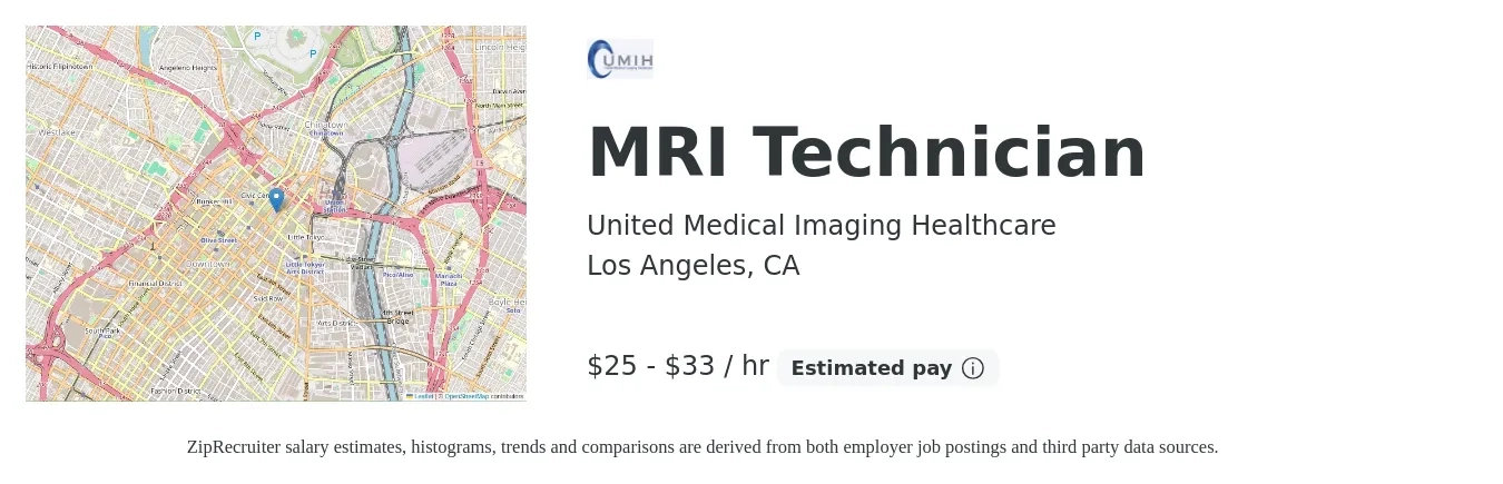 United Medical Imaging Healthcare job posting for a MRI Technician in Los Angeles, CA with a salary of $27 to $35 Hourly with a map of Los Angeles location.