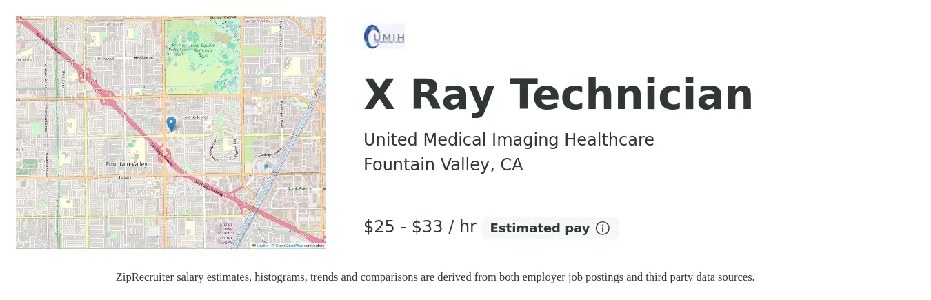 United Medical Imaging Healthcare job posting for a X Ray Technician in Fountain Valley, CA with a salary of $27 to $33 Hourly with a map of Fountain Valley location.