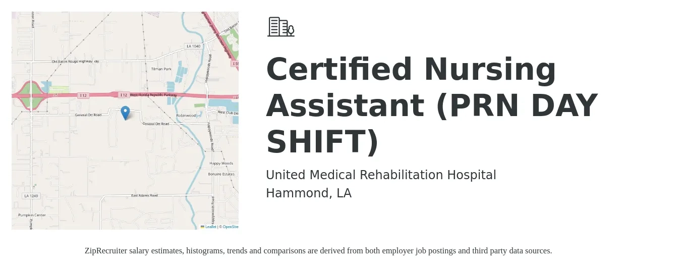 United Medical Rehabilitation Hospital job posting for a Certified Nursing Assistant (PRN DAY SHIFT) in Hammond, LA with a salary of $13 to $15 Hourly with a map of Hammond location.