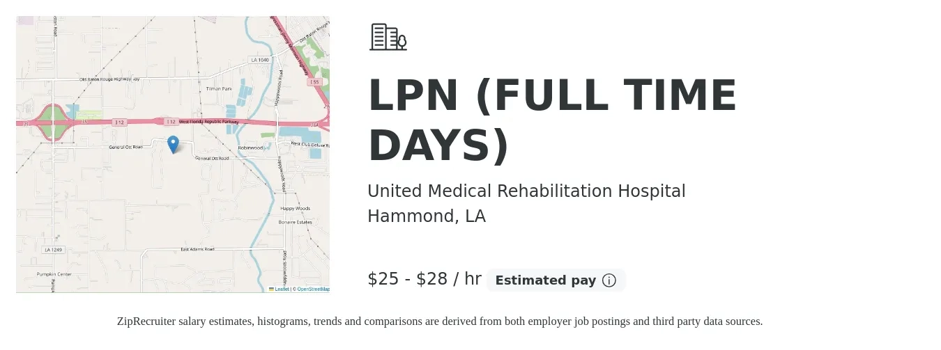 United Medical Rehabilitation Hospital job posting for a LPN (FULL TIME DAYS) in Hammond, LA with a salary of $27 to $30 Hourly with a map of Hammond location.