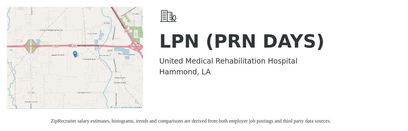 United Medical Rehabilitation Hospital job posting for a LPN (PRN DAYS) in Hammond, LA with a salary of $20 to $27 Hourly with a map of Hammond location.