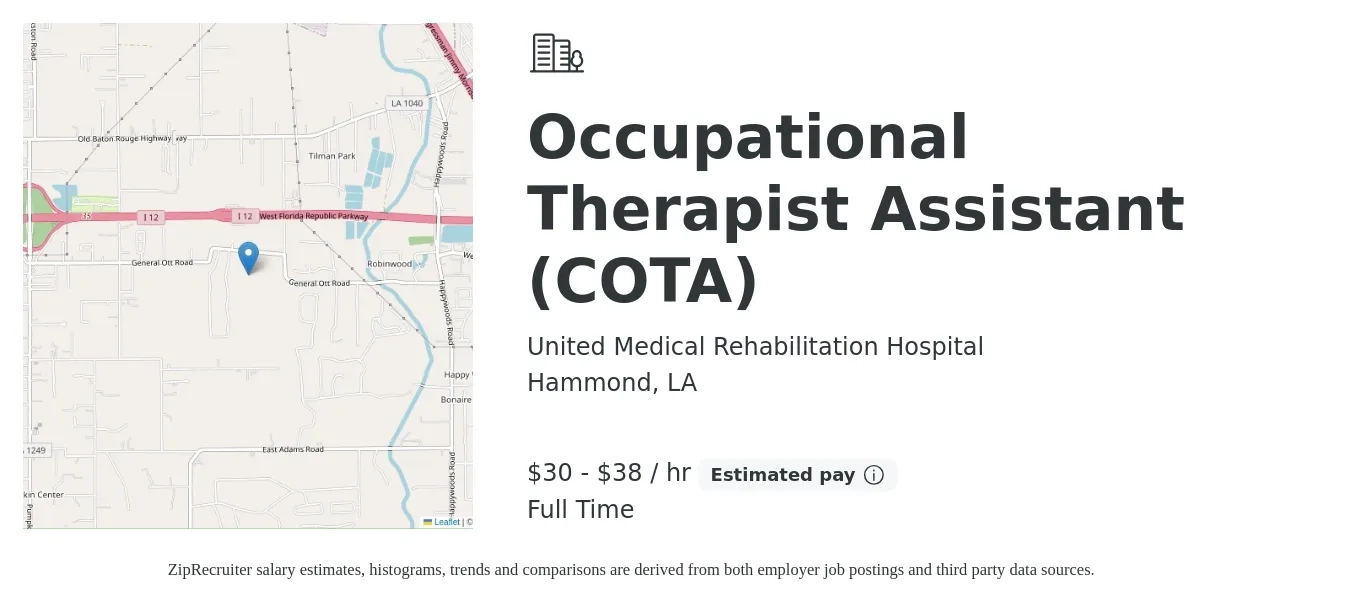 United Medical Rehabilitation Hospital job posting for a Occupational Therapist Assistant (COTA) in Hammond, LA with a salary of $32 to $40 Hourly with a map of Hammond location.