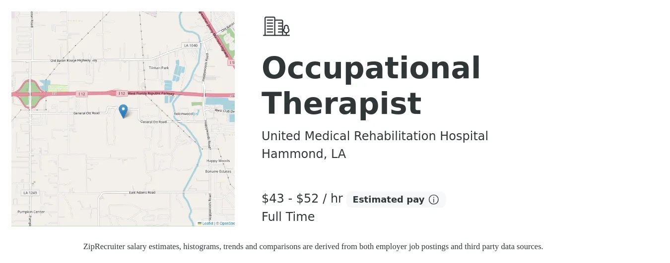 United Medical Rehabilitation Hospital job posting for a Occupational Therapist in Hammond, LA with a salary of $45 to $55 Hourly with a map of Hammond location.