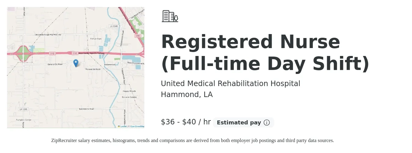 United Medical Rehabilitation Hospital job posting for a Registered Nurse (Full-time Day Shift) in Hammond, LA with a salary of $38 to $42 Hourly with a map of Hammond location.