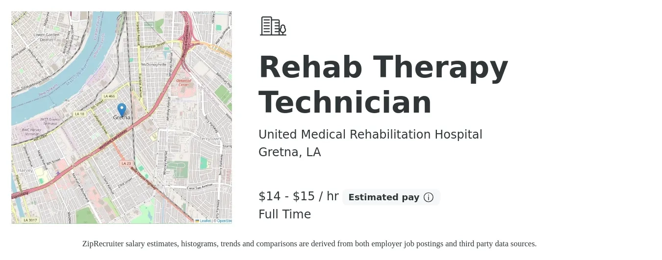 United Medical Rehabilitation Hospital job posting for a Rehab Therapy Technician in Gretna, LA with a salary of $15 to $16 Hourly with a map of Gretna location.
