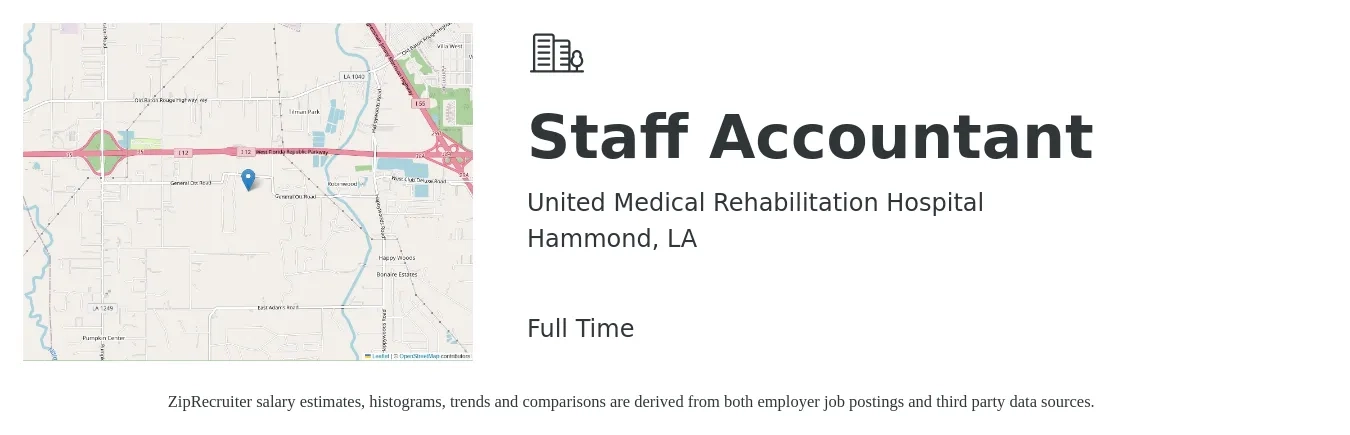 United Medical Rehabilitation Hospital job posting for a Staff Accountant in Hammond, LA with a salary of $42,400 to $55,800 Yearly with a map of Hammond location.