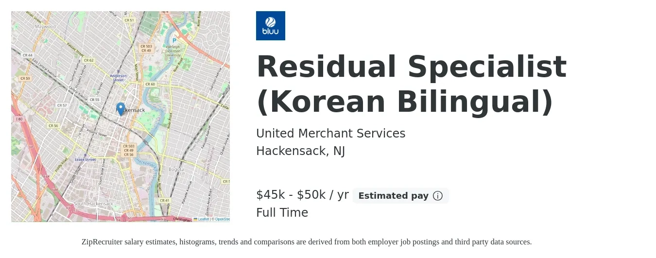 United Merchant Services job posting for a Residual Specialist (Korean Bilingual) in Hackensack, NJ with a salary of $45,000 to $50,000 Yearly with a map of Hackensack location.