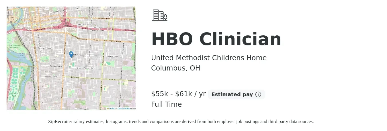 United Methodist Childrens Home job posting for a HBO Clinician in Columbus, OH with a salary of $55,500 to $61,500 Yearly with a map of Columbus location.