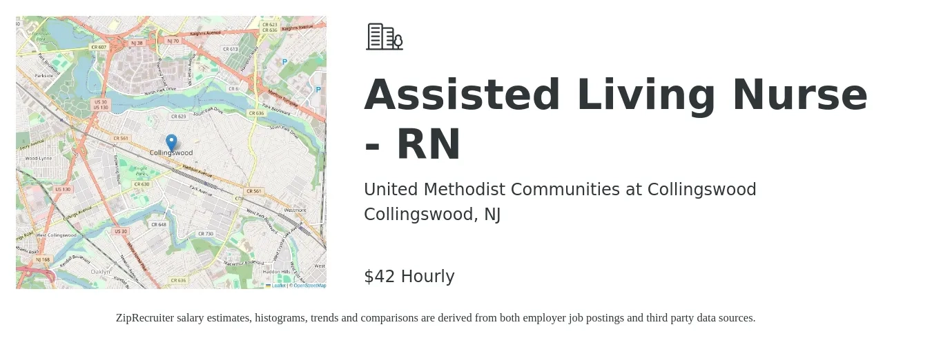 United Methodist Communities at Collingswood job posting for a Assisted Living Nurse - RN in Collingswood, NJ with a salary of $44 Hourly with a map of Collingswood location.