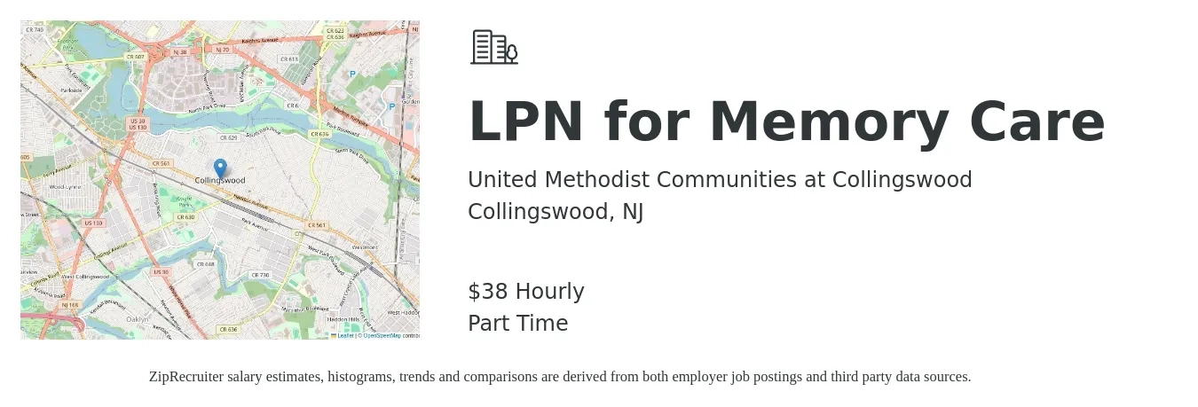 United Methodist Communities at Collingswood job posting for a LPN for Memory Care in Collingswood, NJ with a salary of $40 Hourly with a map of Collingswood location.
