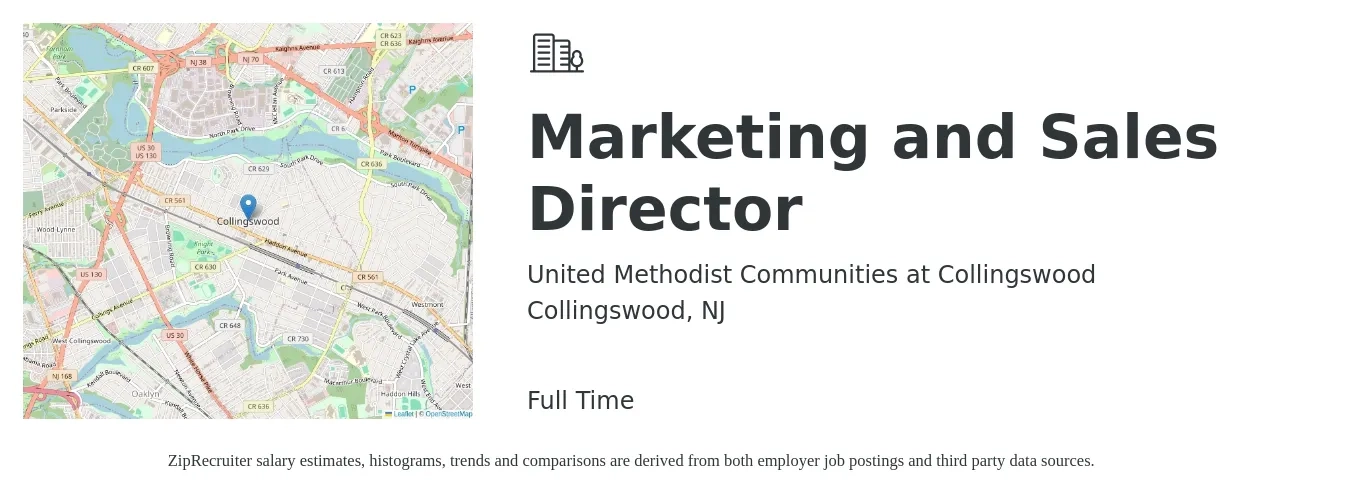 United Methodist Communities at Collingswood job posting for a Marketing and Sales Director in Collingswood, NJ with a salary of $63,300 to $114,200 Yearly with a map of Collingswood location.