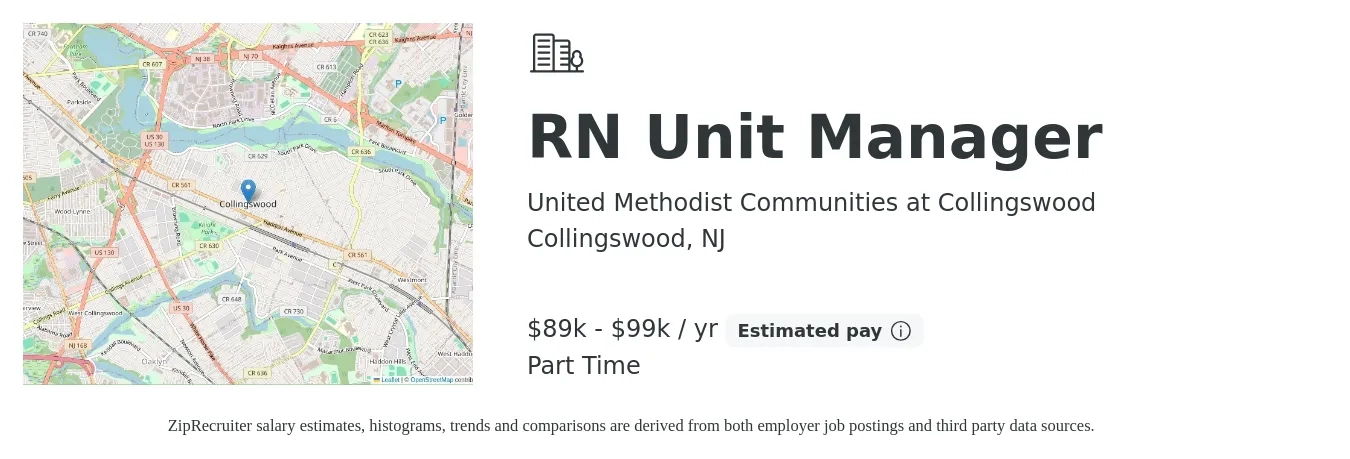 United Methodist Communities at Collingswood job posting for a RN Unit Manager in Collingswood, NJ with a salary of $89,680 to $99,644 Yearly with a map of Collingswood location.