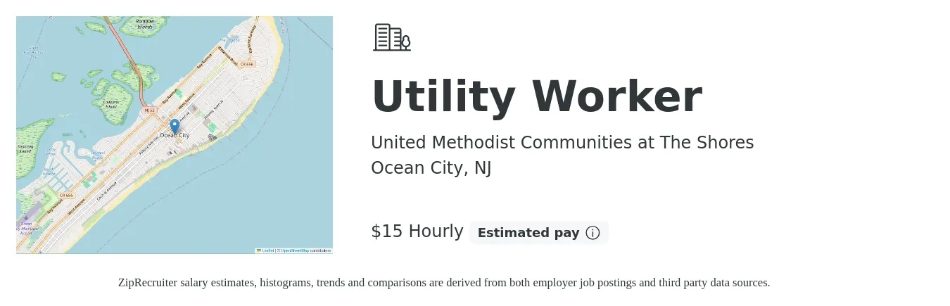 United Methodist Communities at The Shores job posting for a Utility Worker in Ocean City, NJ with a salary of $16 Hourly with a map of Ocean City location.