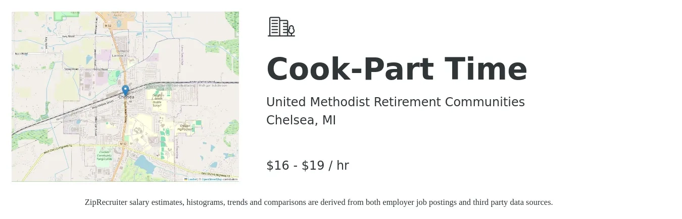 United Methodist Retirement Communities job posting for a Cook-Part Time in Chelsea, MI with a salary of $17 to $20 Hourly with a map of Chelsea location.