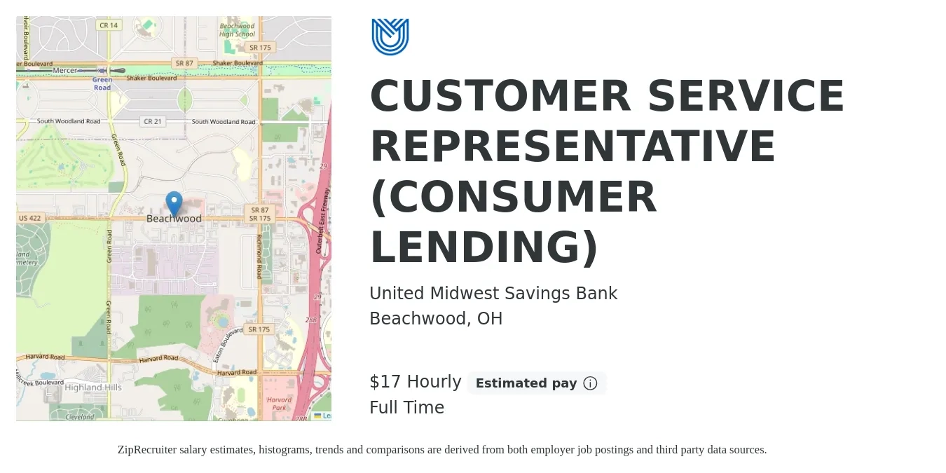 United Midwest Savings Bank job posting for a CUSTOMER SERVICE REPRESENTATIVE (CONSUMER LENDING) in Beachwood, OH with a salary of $18 Hourly with a map of Beachwood location.