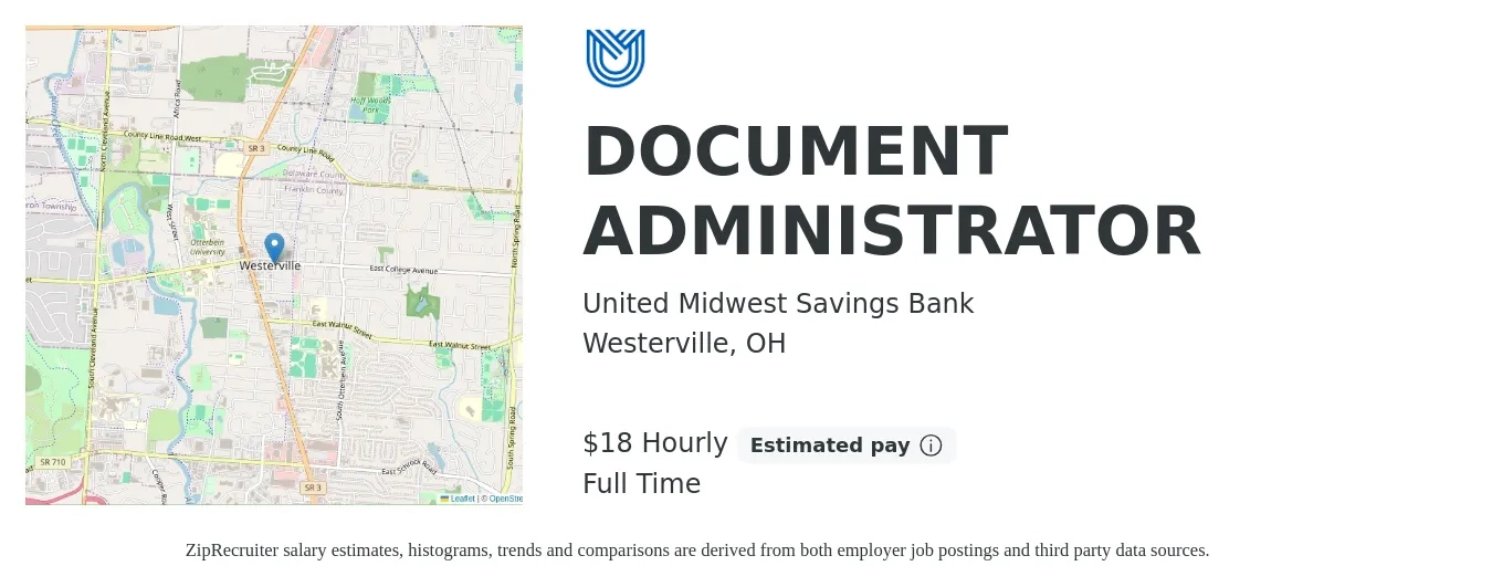 United Midwest Savings Bank job posting for a DOCUMENT ADMINISTRATOR in Westerville, OH with a salary of $19 Hourly with a map of Westerville location.
