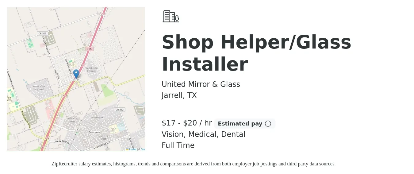 United Mirror & Glass job posting for a Shop Helper/Glass Installer in Jarrell, TX with a salary of $18 to $21 Hourly and benefits including dental, life_insurance, medical, pto, retirement, and vision with a map of Jarrell location.