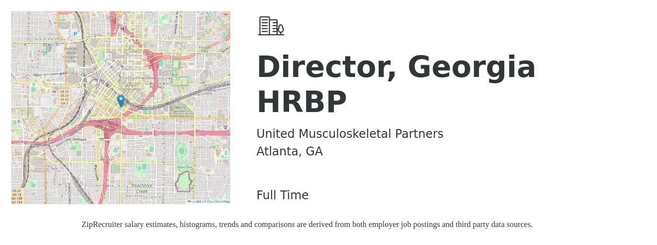 United Musculoskeletal Partners job posting for a Director, Georgia HRBP in Atlanta, GA with a salary of $85,100 to $131,300 Yearly with a map of Atlanta location.