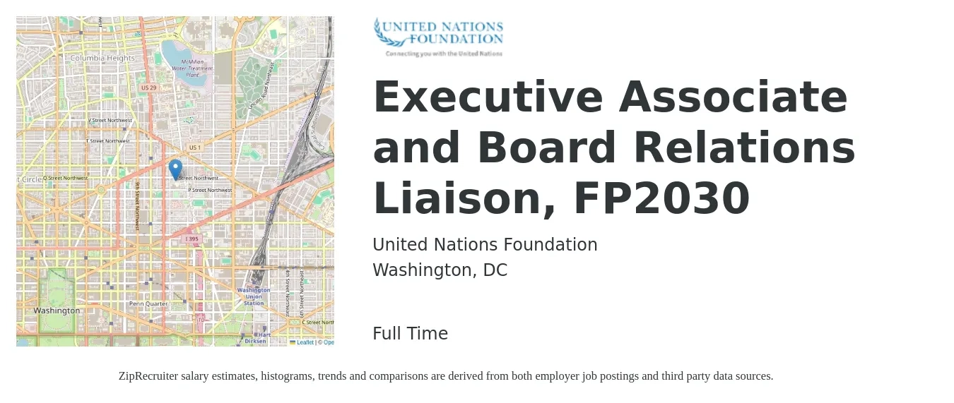 United Nations Foundation job posting for a Executive Associate and Board Relations Liaison, FP2030 in Washington, DC with a salary of $62,800 to $150,000 Yearly with a map of Washington location.