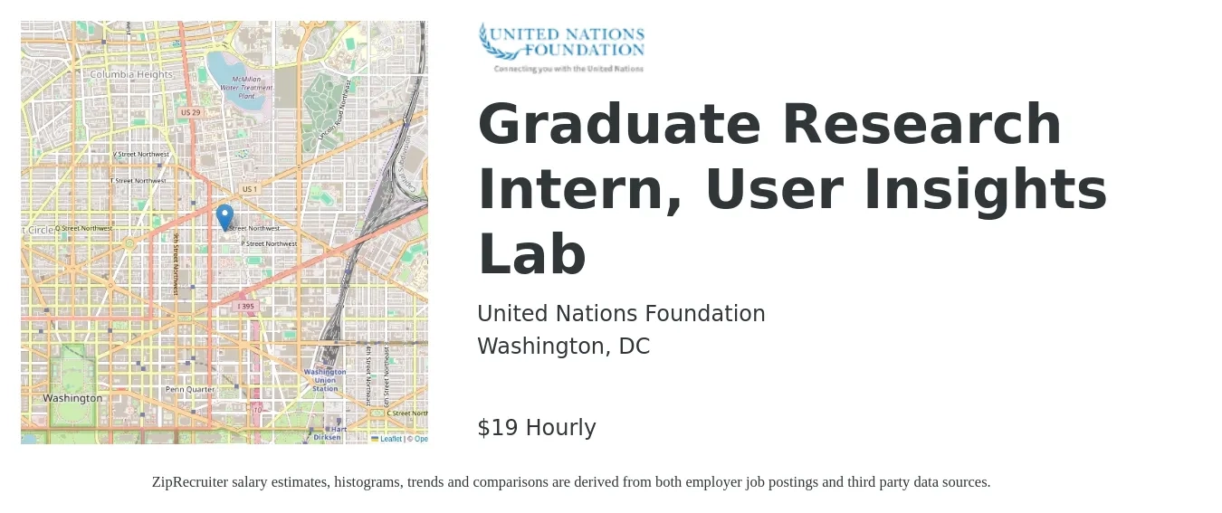 United Nations Foundation job posting for a Graduate Research Intern, User Insights Lab in Washington, DC with a salary of $20 Hourly with a map of Washington location.