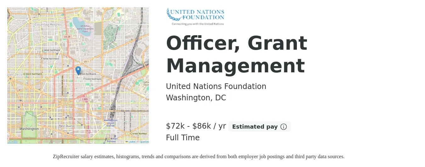 United Nations Foundation job posting for a Officer, Grant Management in Washington, DC with a salary of $72,000 to $86,000 Yearly with a map of Washington location.