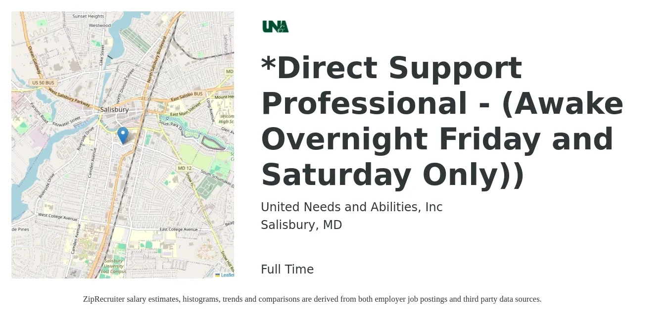 United Needs and Abilities, Inc job posting for a *Direct Support Professional - (Awake Overnight Friday and Saturday Only)) in Salisbury, MD with a salary of $14 to $16 Hourly with a map of Salisbury location.