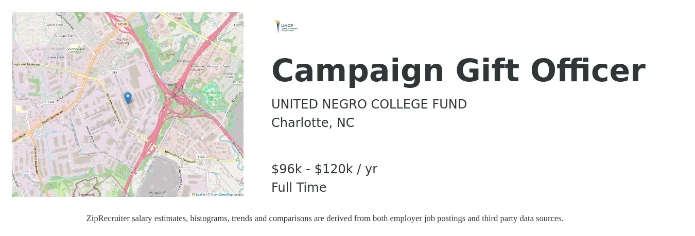 UNITED NEGRO COLLEGE FUND job posting for a Campaign Gift Officer in Charlotte, NC with a salary of $96,000 to $120,000 Yearly with a map of Charlotte location.