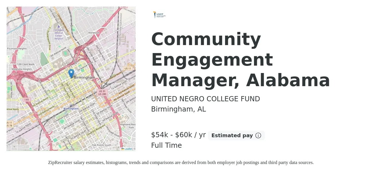 UNITED NEGRO COLLEGE FUND job posting for a Community Engagement Manager, Alabama in Birmingham, AL with a salary of $54,000 to $60,700 Yearly with a map of Birmingham location.