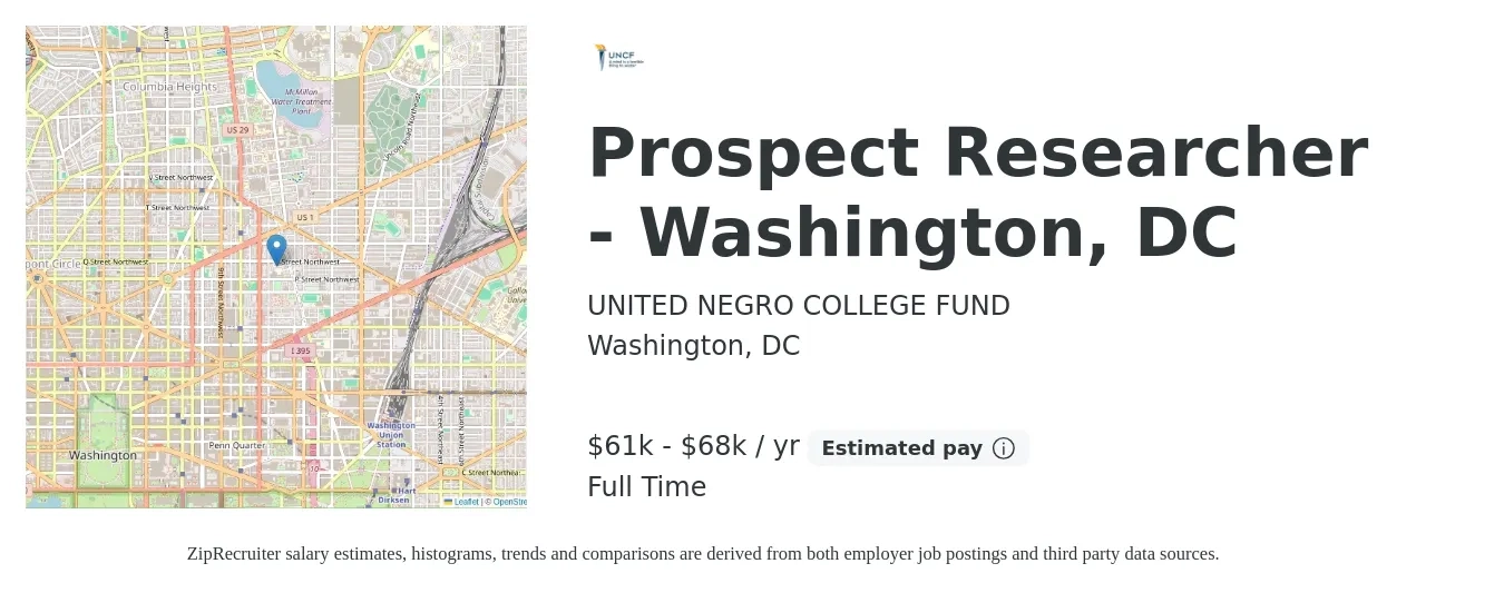 UNITED NEGRO COLLEGE FUND job posting for a Prospect Researcher - Washington, DC in Washington, DC with a salary of $61,200 to $68,900 Yearly with a map of Washington location.