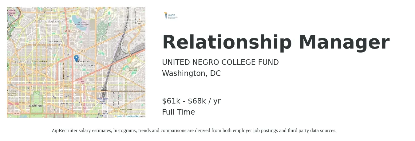 UNITED NEGRO COLLEGE FUND job posting for a Relationship Manager in Washington, DC with a salary of $61,200 to $68,900 Yearly with a map of Washington location.