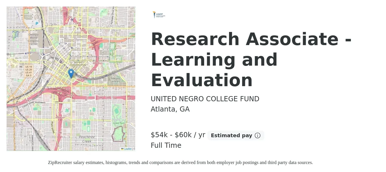 UNITED NEGRO COLLEGE FUND job posting for a Research Associate - Learning and Evaluation in Atlanta, GA with a salary of $54,000 to $60,700 Yearly with a map of Atlanta location.