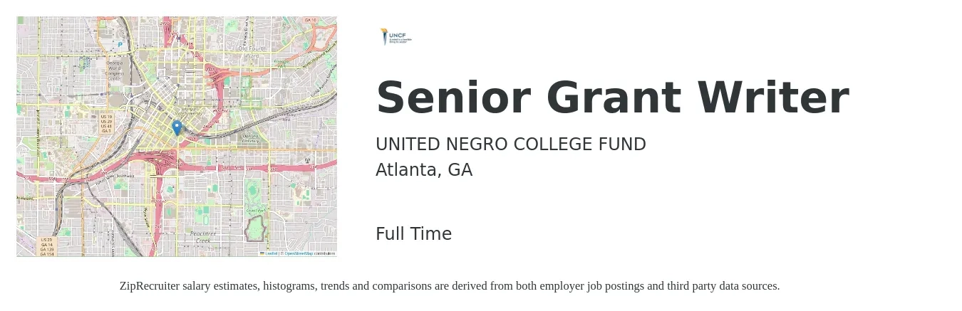 UNITED NEGRO COLLEGE FUND job posting for a Senior Grant Writer in Atlanta, GA with a salary of $58,700 to $78,400 Yearly with a map of Atlanta location.