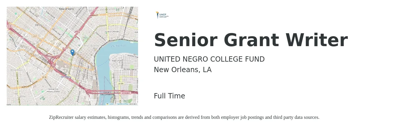 UNITED NEGRO COLLEGE FUND job posting for a Senior Grant Writer in New Orleans, LA with a salary of $58,500 to $78,100 Yearly with a map of New Orleans location.